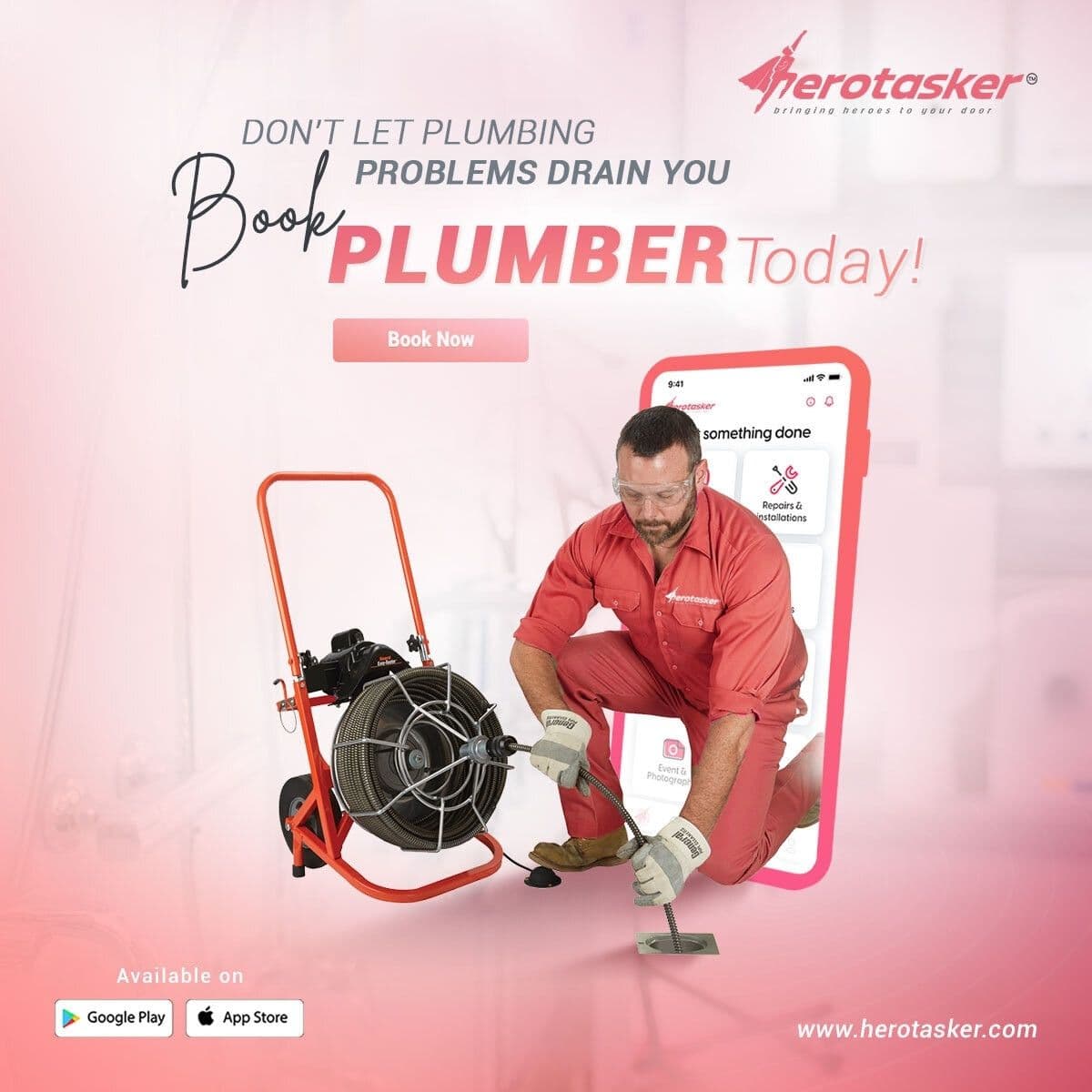 HeroTasker brand collage of UK tradespeople at work