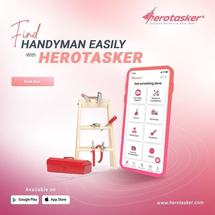 HeroTasker brand collage of UK tradespeople